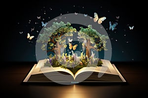 open book with magical green tree and butterfly. concept of knowledge