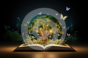 open book with magical green tree and butterfly. concept of knowledge