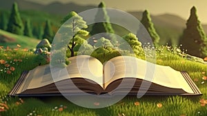 Open book with magical green tree and nature background. Generative AI