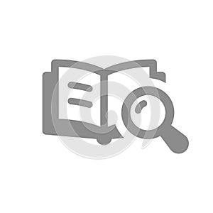 Open book and magnifying glass vector icon