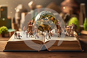 An open book with a model of the globe and literary characters around it, the magic of the book. AI generation