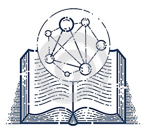 Open book with molecule vector linear icon, education and scientific literature library reading line art symbol or logo, chemistry