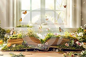 An open book with moss and flowers growing on it, butterflies flying around, in the background is a white window with sunlight