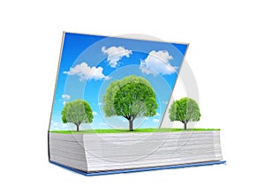 Open book of nature with trees on meadow and blue sky isolated on white background.