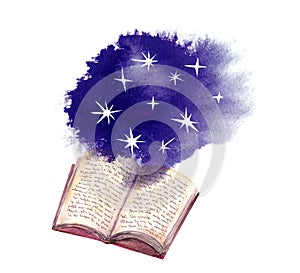 Open book with night sky, space, stars, hand written text Lorem Ipsum. Watercolor universe illustration. Spiritual