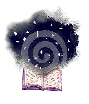 Open book with night sky, space, stars, hand written text Lorem Ipsum. Watercolor universe illustration. Spiritual