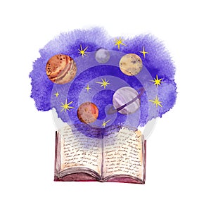 Open book, night sky, space and stars, hand written text Lorem Ipsum. Watercolor universe illustration. Spiritual design