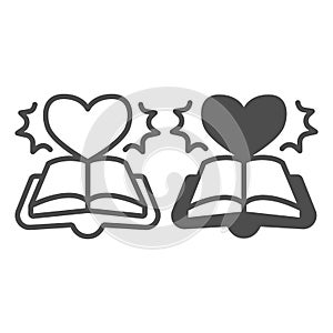 Open book novel line and solid icon, children book day concept, book and novel vector sign on white background, heart