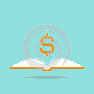 Open book with orange dollar sign flying out isolated on blue background