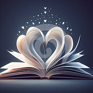 An open book with pages folding inward to form a heart shape. A representation of the love for reading. ai generative