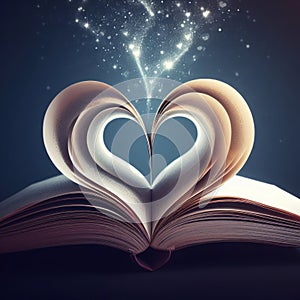 An open book with pages folding inward to form a heart shape. A representation of the love for reading. ai generative