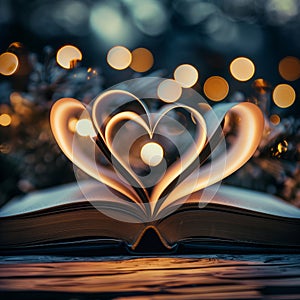 An open book with pages forming the shape of heart, with blurred lights