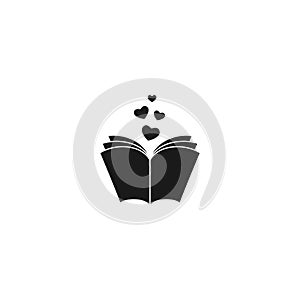 Open book with pages and hearts flying out. Isolated on white background. bibliophile flat icon