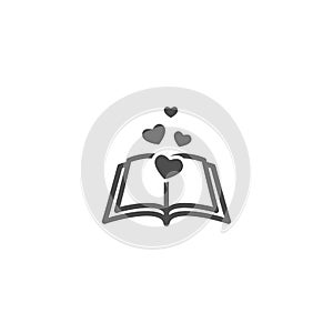 Open book with pages and hearts flying out. Isolated on white background. bibliophile flat icon.