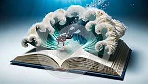 Open book with pages transforming into waves. A miniature diver equipped with gear dives deep into the textual ocean chasing the