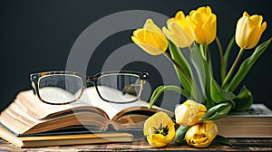 open book with pages turning, accompanied by books and glasses on a wooden table against a striking black backdrop