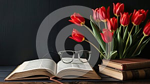 open book with pages turning, accompanied by books and glasses on a wooden table against a striking black backdrop