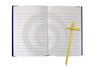 Open book with palm leaf cross - spiritual journey, journal concept