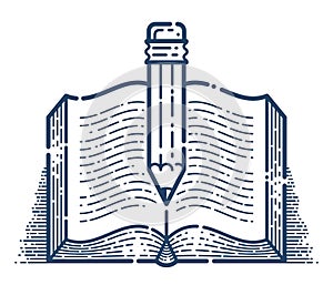 Open book with pencil vector linear icon, education .