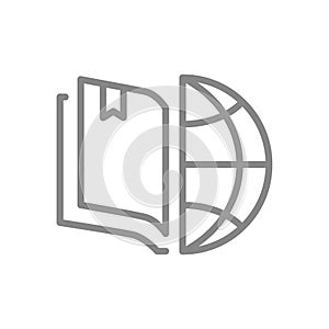 Open book with planet line icon. World Book Day, online library symbol
