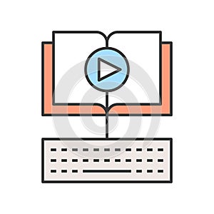 Open book and play button with keyboard, e-learning concept edit