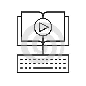 Open book and play button with keyboard, e-learning concept icon