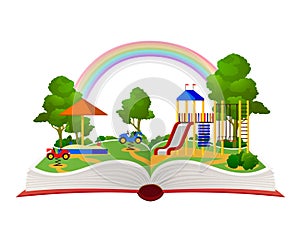 Open book playground. Fantasy garden, learning amusement park green forest library, child books daydream landscape flat
