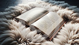 Open Book on Plush Fur Blanket in a Cozy Reading Space