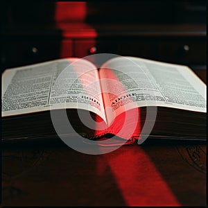 Illuminated Open Book with Red Light Beam
