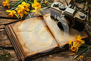 Open book with pressed flowers beside a classic camera and vibrant daffodils on rustic wood
