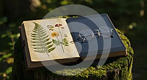 Open Book with Pressed Plants and Tablet on Mossy Tree Stump in Forest Setting