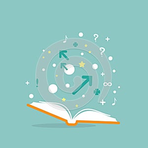 Open book with question marks, plus singn, arrows and bubbles on powder blue background