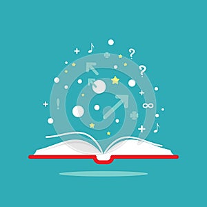 Open book with question marks, plus singn, arrows and bubbles on powder blue background