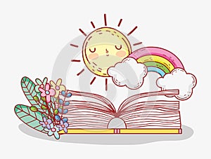 Open book rainbow clouds sun flowers foliage