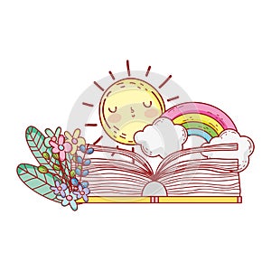 Open book rainbow clouds sun flowers foliage