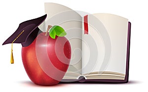 Open book, red apple and motarboard symbol of knowledge and education photo