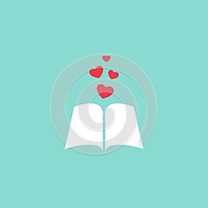 Open book with red cover and red hearts flying out. Isolated on blue background. bibliophile flat icon photo
