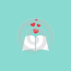 Open book with red cover and red hearts flying out. Isolated on blue background. bibliophile flat icon