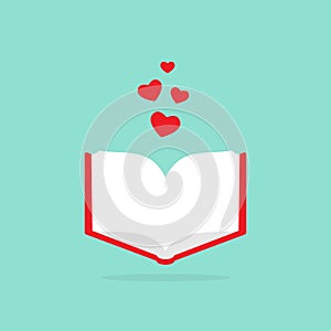 Open book with red cover and red hearts flying out. Isolated on blue background. bibliophile flat icon