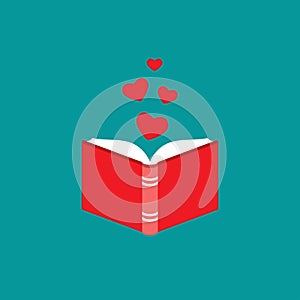 Open book with red cover and red hearts flying out. Isolated on turquoise background