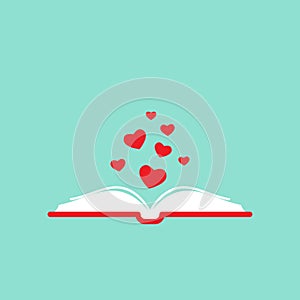 Open book with red cover and red hearts flying out. Isolated on turquoise background