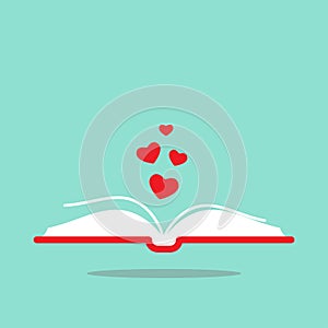 Open book with red cover and red hearts flying out. Isolated on turquoise background. bibliophile flat icon