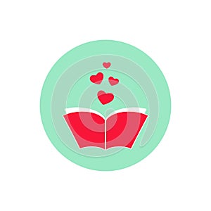 Open book with red cover and red hearts in turquoise circle. Isolated on turquoise background