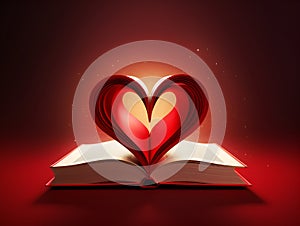 Open book in red heart shape on a dark background