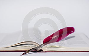 an open book and a red pen on a white background