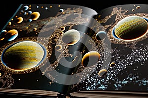 Open book revealing Solar system and universe. Generative AI