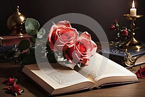 Open book with the rose and candle light on table