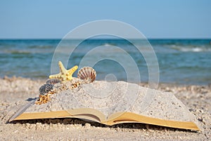 Open book sand seashells sea star beach sea shore blue sky white wave summer weekend vacation