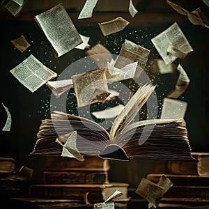 Open book with scattered pages in motion