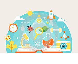 Open Book with Science and Nature Study Symbols. Education Concept